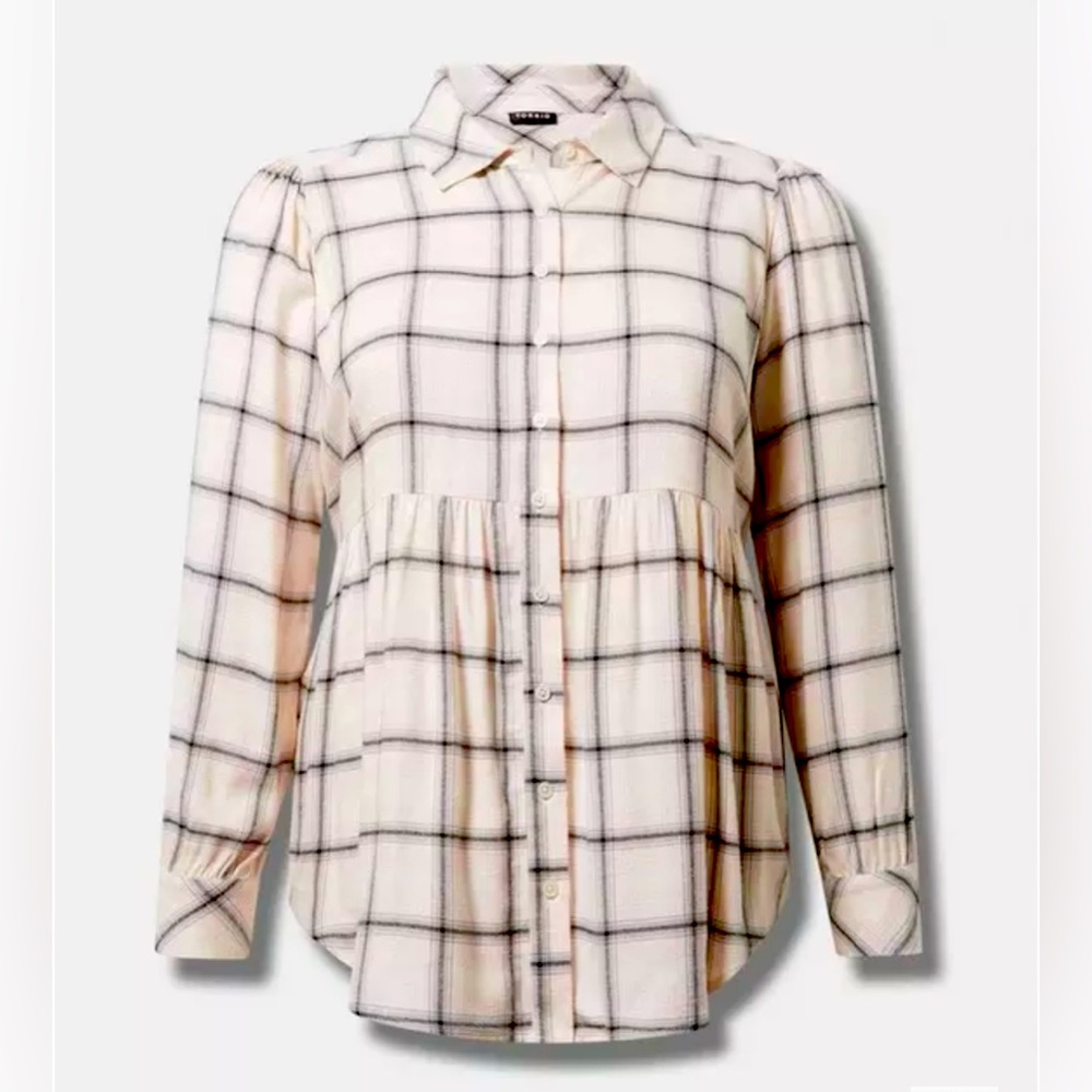 Torrid Softest Flannel Tie Back Button Up Tunic - White Plaid Size L (10/12)